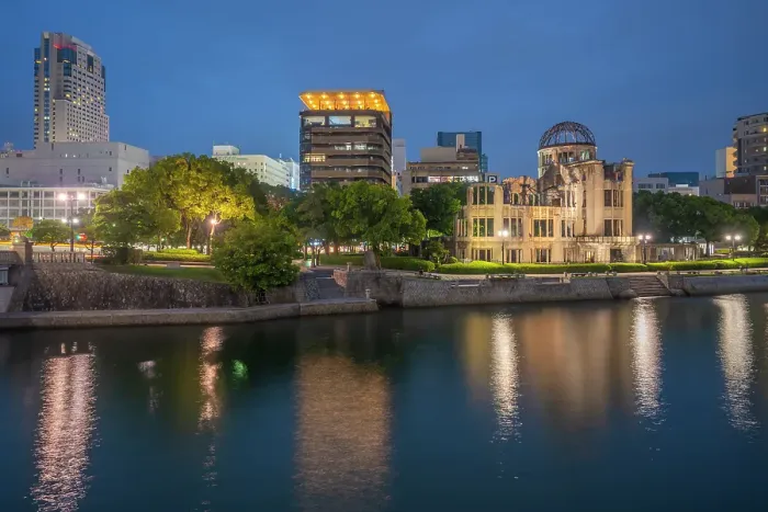 Framed Print : View of the skeletal ruins of the A-Bomb Dome from Hiroshima Peace Gardens at dusk, UNESCO, Hiroshima, Honshu, Japan Framed Print : View of the skeletal ruins of the A-Bomb Dome from Hiroshima Peace Gardens at dusk, UNESCO, Hiroshima, Honshu, Japan