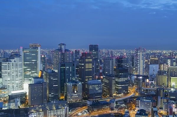 View of skyscrapers of Kita at dusk, Osaka, Kansai, Japan, Asia