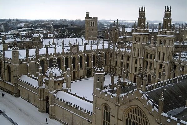 View of a snow-covered All Souls College from the tower of St. Marys Church