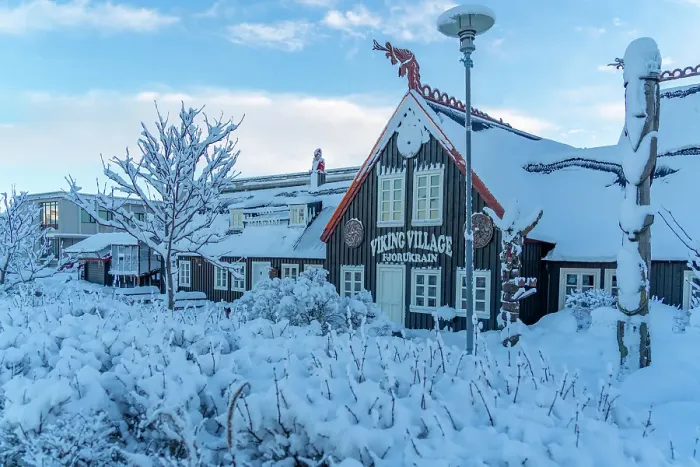Framed Print : View of snow covered Fjorukrain Viking Restaurant and museum in winter, Hafnarfjorour, Iceland Framed Print : View of snow covered Fjorukrain Viking Restaurant and museum in winter, Hafnarfjorour, Iceland