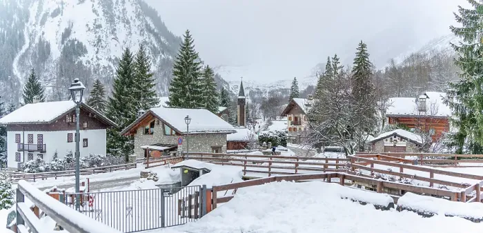 Framed Print : View of snow covered houses and church in Entreves in winter, Entreves, Aosta Valley, Italian Alps, Italy