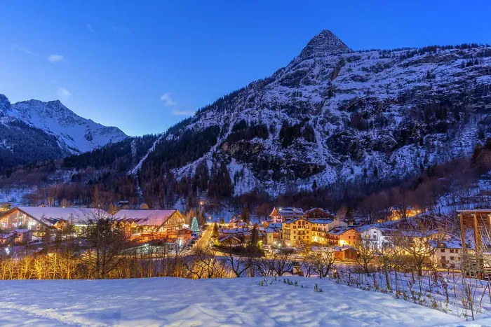 Framed Print : View of snow covered mountains and Dolonne at dusk in winter, Courmayeur, Aosta Valley, Italian Alps, Italy Framed Print : View of snow covered mountains and Dolonne at dusk in winter, Courmayeur, Aosta Valley, Italian Alps, Italy