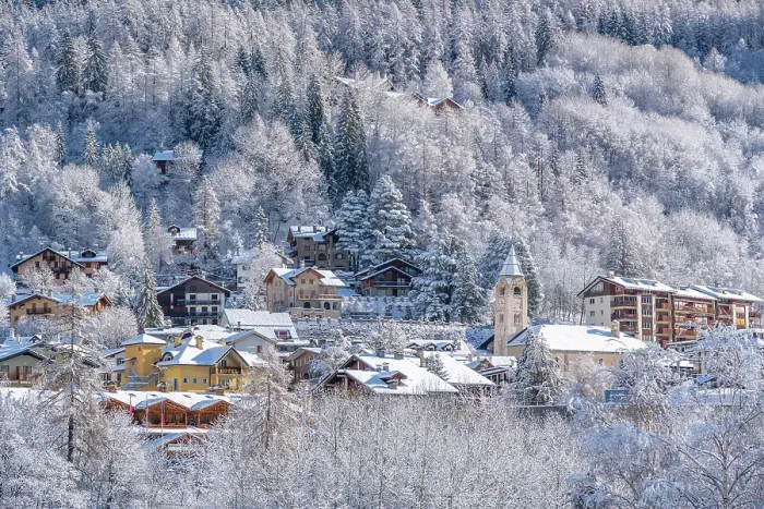 Framed Print : View of snow covered trees and Courmayeur from Dolonne in winter, Courmayeur, Aosta Valley, Italian Alps, Italy Framed Print : View of snow covered trees and Courmayeur from Dolonne in winter, Courmayeur, Aosta Valley, Italian Alps, Italy