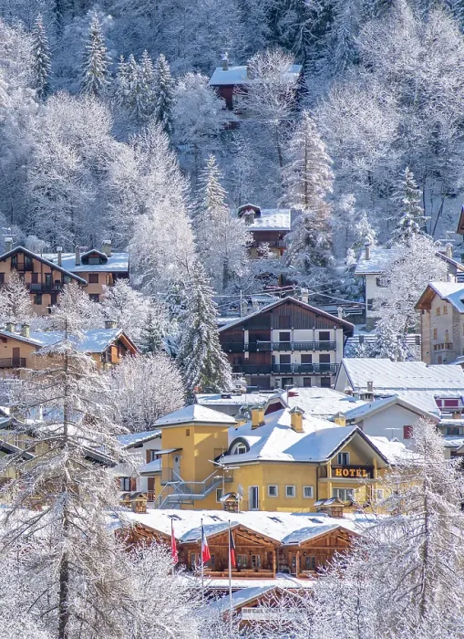 Framed Print : View of snow covered trees and Courmayeur from Dolonne in winter, Courmayeur, Aosta Valley, Italian Alps, Italy Framed Print : View of snow covered trees and Courmayeur from Dolonne in winter, Courmayeur, Aosta Valley, Italian Alps, Italy