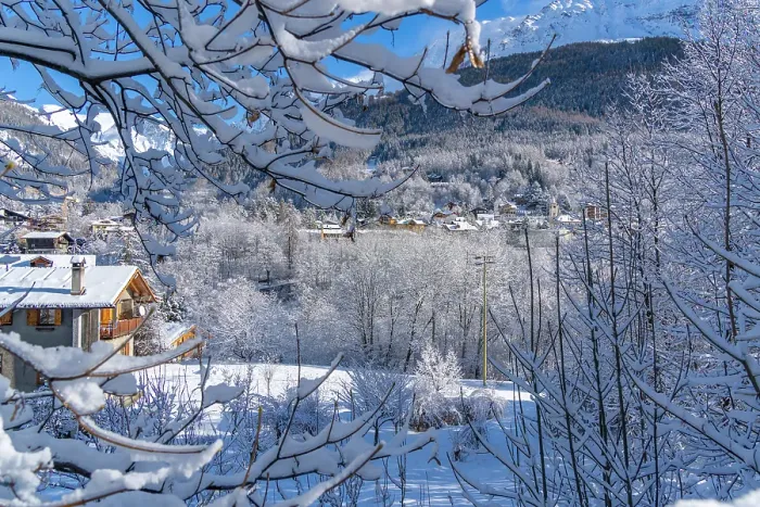 Framed Print : View of snow covered trees, mountains and Courmayeur from Dolonne in winter, Courmayeur, Aosta Valley, Italian Alps, Italy Framed Print : View of snow covered trees, mountains and Courmayeur from Dolonne in winter, Courmayeur, Aosta Valley, Italian Alps, Italy