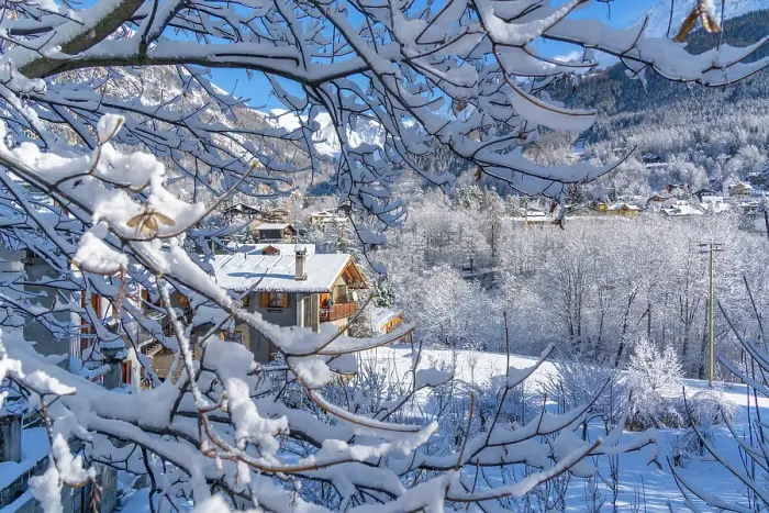 Framed Print : View of snow covered trees, mountains and Courmayeur from Dolonne in winter, Courmayeur, Aosta Valley, Italian Alps, Italy Framed Print : View of snow covered trees, mountains and Courmayeur from Dolonne in winter, Courmayeur, Aosta Valley, Italian Alps, Italy