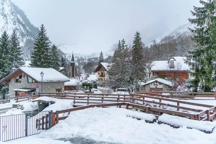 Framed Print : View of snow covered wooden houses and church in Entreves in winter, Entreves, Aosta Valley, Italian Alps, Italy Framed Print : View of snow covered wooden houses and church in Entreves in winter, Entreves, Aosta Valley, Italian Alps, Italy