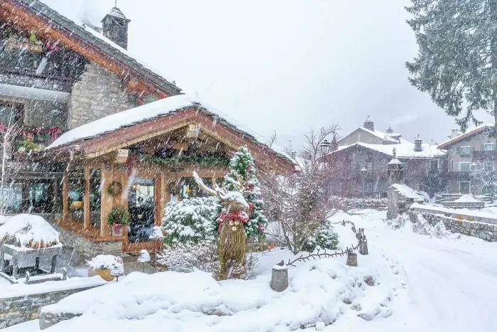 Framed Print : View of snow covered wooden houses in Entreves in winter, Entreves, Aosta Valley, Italian Alps, Italy Framed Print : View of snow covered wooden houses in Entreves in winter, Entreves, Aosta Valley, Italian Alps, Italy
