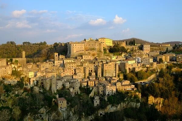 View of Sorano seen from Etruscan rock settlement of San Rocco, Maremma, Grosseto