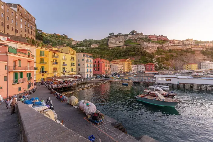 Framed Print : View of Sorrento harbour and Bay of Naples at sunset, Sorrento, Campania, Italy, Mediterranean, Europe