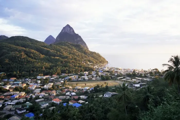 Framed Print : View over Soufriere and the Pitons in the background, St Framed Print : View over Soufriere and the Pitons in the background, St