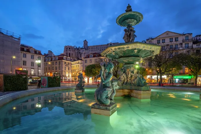 Framed Print : View of South fountain of Rossio in Praca do Rossio at dusk, Lisbon, Portugal, Europe Framed Print : View of South fountain of Rossio in Praca do Rossio at dusk, Lisbon, Portugal, Europe