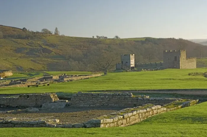 Framed Print : View south to reconstruction, Roman settlement and fort at Vindolanda, Roman Wall south Framed Print : View south to reconstruction, Roman settlement and fort at Vindolanda, Roman Wall south