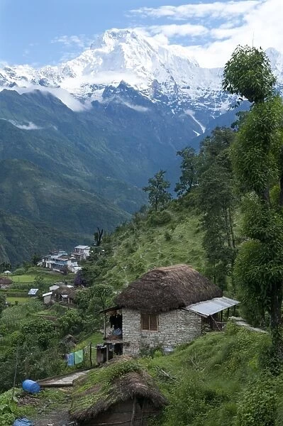 View of southern Annapurna with Landruk villge in foreground, Pokhara, Annapurna area, Nepal, Asia