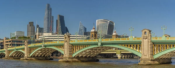 View of Southwark Bridge and the City of London in the background, London, England
