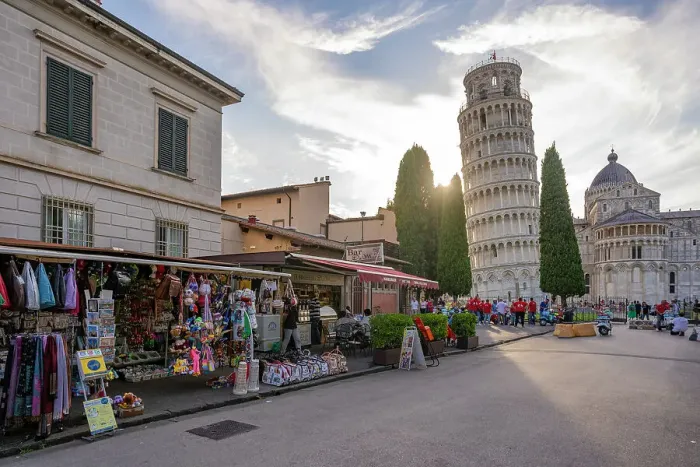 Framed Print : View of souvenir stalls and Leaning Tower of Pisa at sunset, UNESCO World Heritage Site, Pisa, Province of Pisa, Tuscany, Italy, Europe Framed Print : View of souvenir stalls and Leaning Tower of Pisa at sunset, UNESCO World Heritage Site, Pisa, Province of Pisa, Tuscany, Italy, Europe