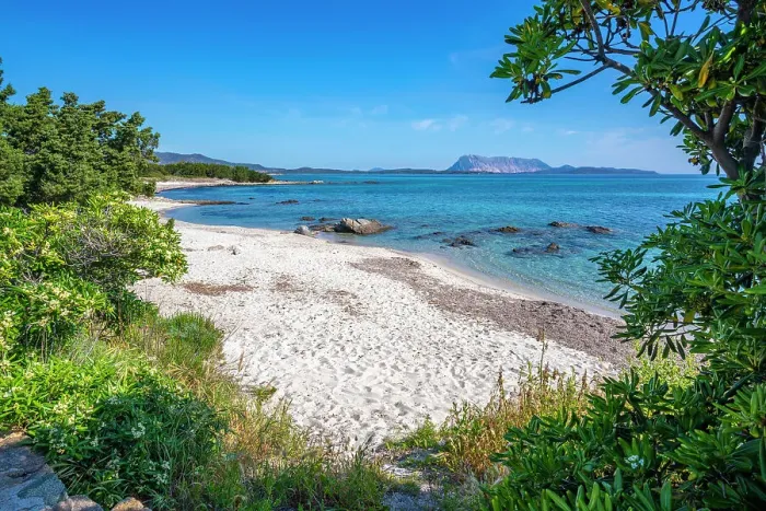 Framed Print : View of Spiaggia Cala d'Ambra beach and Isola di Tavolara in background, San Teodoro, Sardinia, Italy, Mediterranean, Europe