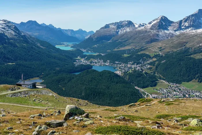 Framed Print : View of St. Moritz, Celerina and the Engadin lakes from top of Muottas Muragl, Canton of Grisons, Switzerland Framed Print : View of St. Moritz, Celerina and the Engadin lakes from top of Muottas Muragl, Canton of Grisons, Switzerland