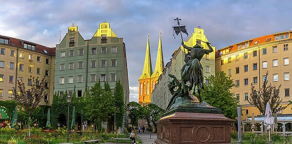 View of St. Nicholas Church and St. George The Dragonslayer at sunset, Nikolai District, Berlin, Germany, Europe