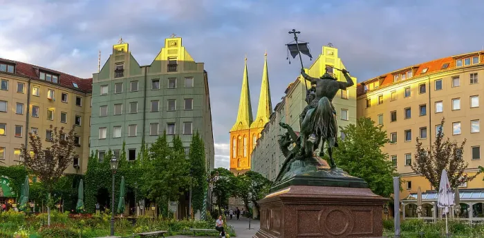 Framed Print : View of St. Nicholas Church and St. George The Dragonslayer at sunset, Nikolai District, Berlin, Germany, Europe
