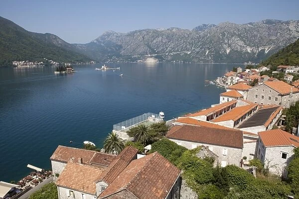 View from St. Nicholas Church with St. George Island and Our Lady of the Rocks, Bay of Kotor, UNESCO World Heritage Site, Montenegro, Europe