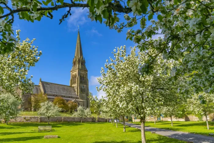 Framed Print : View of St. Peters Church and spring blossom, Edensor Village, Chatsworth Park Framed Print : View of St. Peters Church and spring blossom, Edensor Village, Chatsworth Park