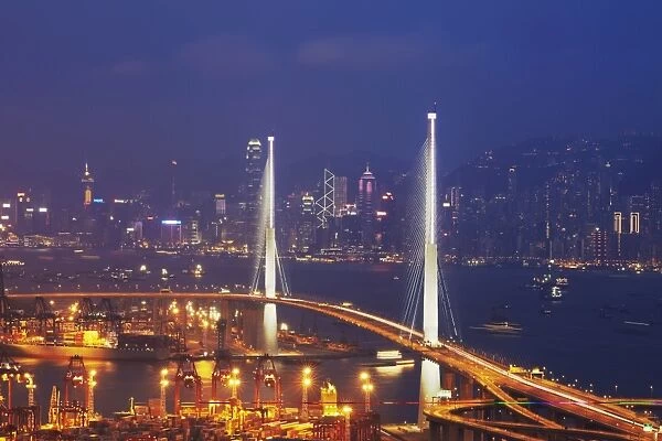 View of Stonecutters Bridge with Hong Kong Island skyline in background