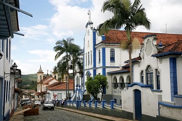 View over a street near Praca Minas Gerais with colonial buildings and the Colegio Providencia from 1849, Mariana, Minas Gerais, Brazil, South America