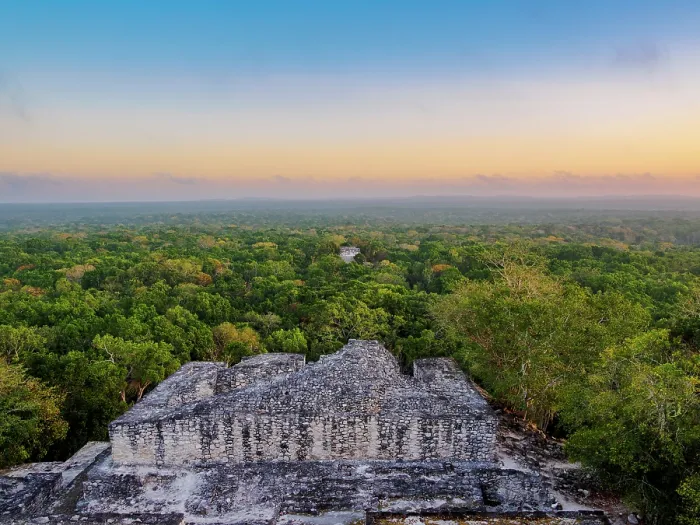 Framed Print : View over Structure II towards Structure VII at dawn, Calakmul Archaeological Site, Campeche State, Mexico Framed Print : View over Structure II towards Structure VII at dawn, Calakmul Archaeological Site, Campeche State, Mexico