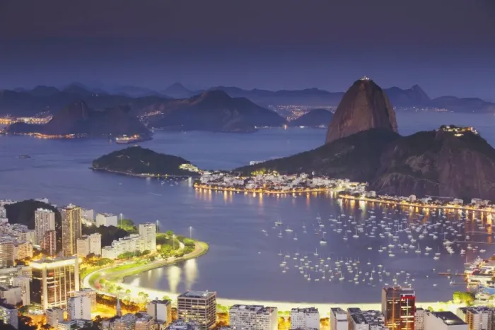 Framed Print : View of Sugar Loaf Mountain (Pao de Acucar) and Botafogo Bay at dusk, Rio de Janeiro, Brazil, South America Framed Print : View of Sugar Loaf Mountain (Pao de Acucar) and Botafogo Bay at dusk, Rio de Janeiro, Brazil, South America