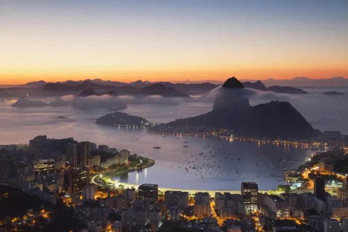 Framed Print : View of Sugarloaf Mountain and Botafogo Bay at dawn, Rio de Janeiro, Brazil, South America Framed Print : View of Sugarloaf Mountain and Botafogo Bay at dawn, Rio de Janeiro, Brazil, South America
