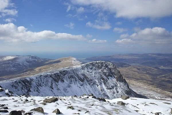 View from summit of Cader Idris in winter looking to Barmouth, Snowdonia National Park, Gwynedd, Wales, United Kingdom, Europe