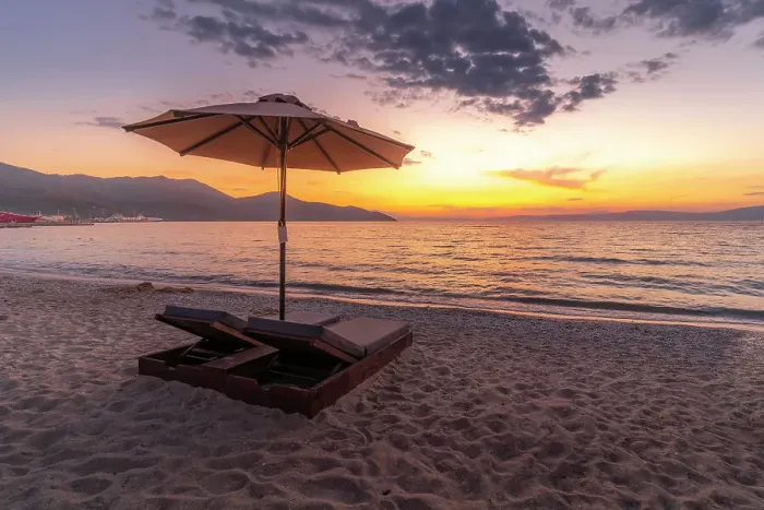 Framed Print : View of sun lounger on the beach and Aegean Sea after sunset, Thassos Town, Thassos, Aegean Sea, Greek Islands, Greece, Europe Framed Print : View of sun lounger on the beach and Aegean Sea after sunset, Thassos Town, Thassos, Aegean Sea, Greek Islands, Greece, Europe