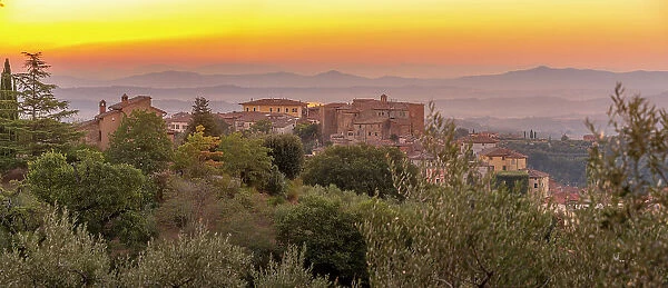View of sunrise over Chianciano Terme, Province of Siena, Tuscany, Italy, Europe
