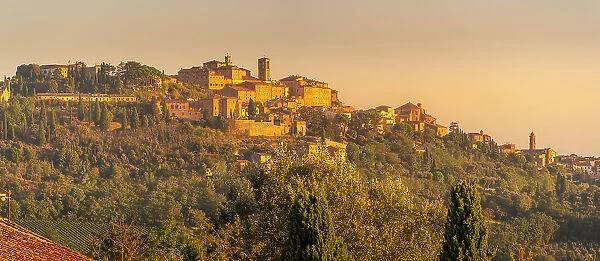 View of sunrise at hilltop medieval town of Montepulciano, Province of Siena, Tuscany, Italy, Europe