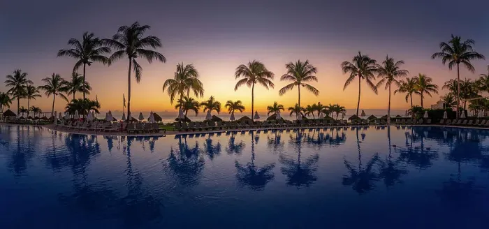 Framed Print : View of sunrise and hotel pool near Puerto Morelos, Caribbean Coast, Yucatan Peninsula, Mexico, North America Framed Print : View of sunrise and hotel pool near Puerto Morelos, Caribbean Coast, Yucatan Peninsula, Mexico, North America