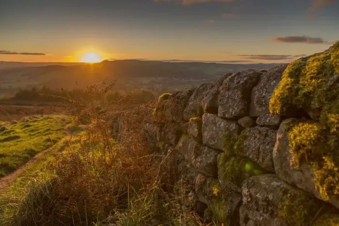Framed Print : View of sunset from dry stone wall on Baslow Edge, Baslow, Peak District National Park Framed Print : View of sunset from dry stone wall on Baslow Edge, Baslow, Peak District National Park
