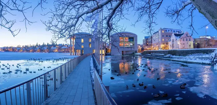 Framed Print : View of swans and ducks with City Hall in background in the city centre of Reykjavik at dusk in winter, Reykjavik, Iceland Framed Print : View of swans and ducks with City Hall in background in the city centre of Reykjavik at dusk in winter, Reykjavik, Iceland