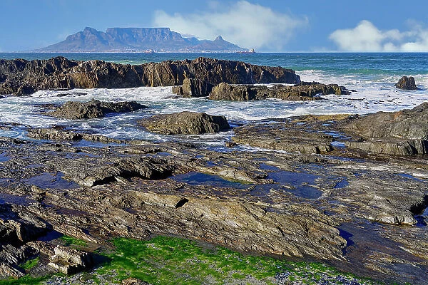 View of Table Mountain from Blue Mountain Beach, Cape Town, South Africa, Africa