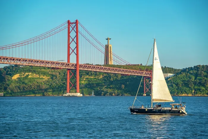 Framed Print : View of Tagus river 25 April Bridge on a sunny day, Lisbon, Portugal, Europe Framed Print : View of Tagus river 25 April Bridge on a sunny day, Lisbon, Portugal, Europe