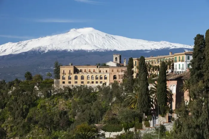 Framed Print : View over Taormina and Mount Etna with Hotel San Domenico Palace, Taormina Framed Print : View over Taormina and Mount Etna with Hotel San Domenico Palace, Taormina