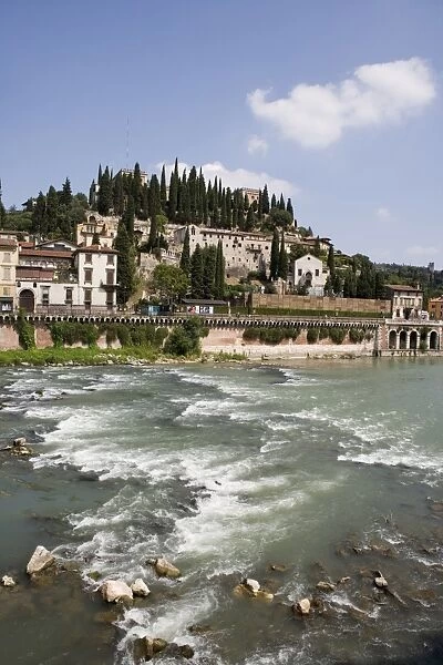 View of Teatro Romano and Museo Archeologico over the river Adige, Verona, Italy