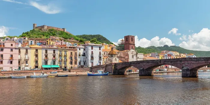 Framed Print : View over Temo River on Bosa and Malaspina castle, Oristano district, Sardinia, Italy, Mediterranean, Europe