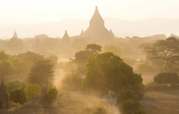 View over the temples of Bagan swathed in dust and evening sunlight, from Shwesandaw Paya, Bagan, Myanmar (Burma), Southeast Asia
