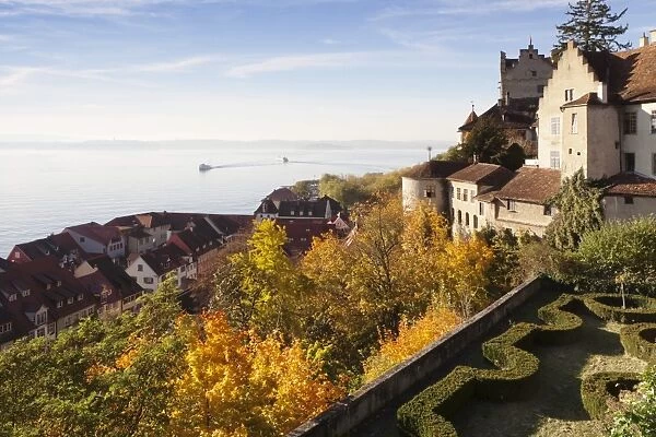 View from the terrace of the New Castle to the Old Castle and Lake Constance, Meersburg, Lake Constance (Bodensee), Baden Wurttemberg, Germany, Europe