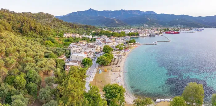 Framed Print : View of Thassos Town at sunset, Thassos Town, Limenas, Thassos, Aegean Sea, Greek Islands, Greece, Europe