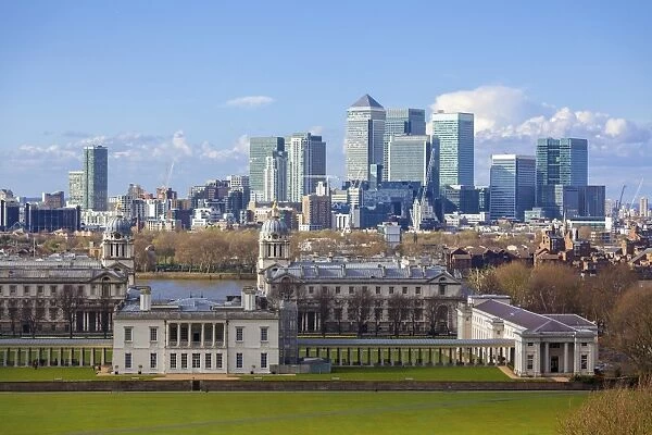 View of the The Old Royal Naval College and Canary Wharf, taken from Greenwich Park, London, England, United Kingdom, Europe