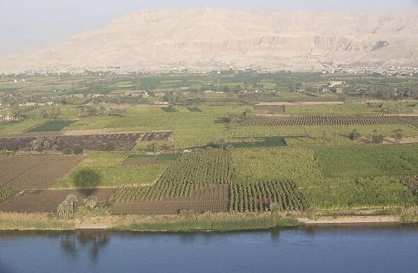 View of the side of the River Nile with the Temple of Deir El Bahari in the background