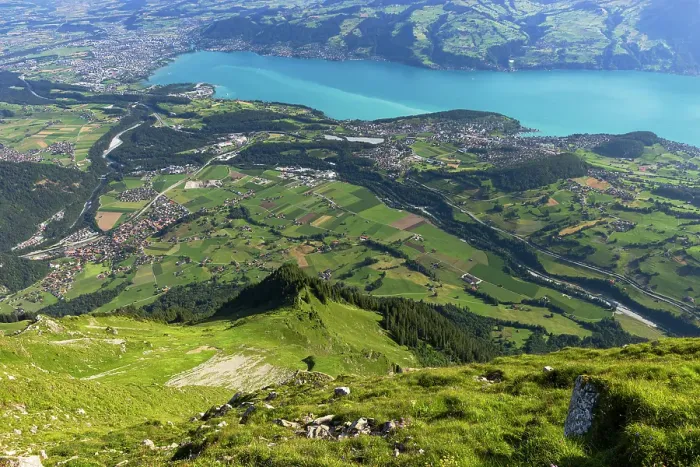 Framed Print : View of Thun and Lake Thun from Niesen mountain, Canton of Bern, Switzerland Framed Print : View of Thun and Lake Thun from Niesen mountain, Canton of Bern, Switzerland