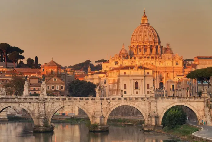 Framed Print : View over Tiber River to Ponte Vittorio Emanuele II Bridge and St. Peters Basilica at sunrise Framed Print : View over Tiber River to Ponte Vittorio Emanuele II Bridge and St. Peters Basilica at sunrise